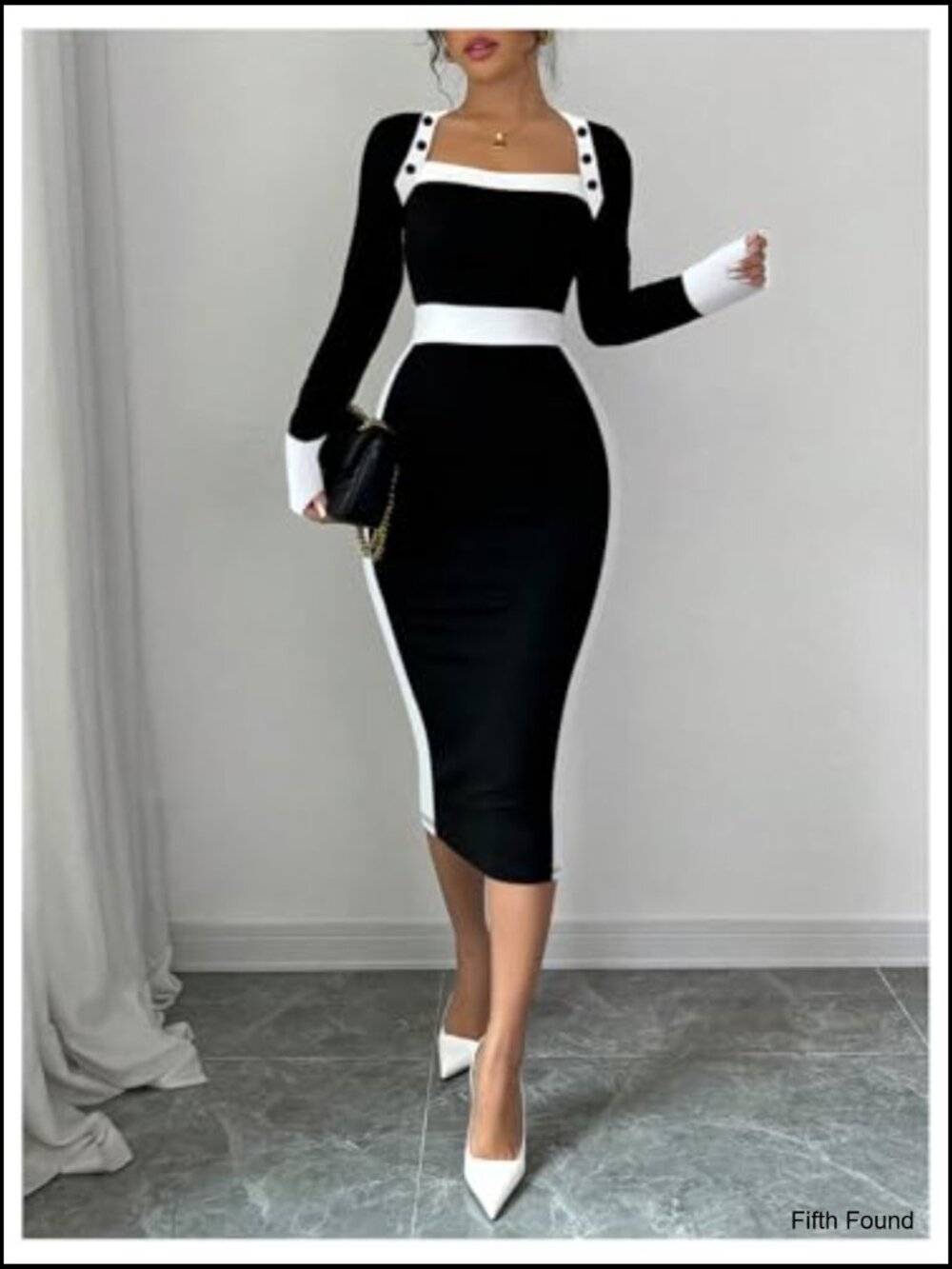 Long sleeve square neck bodycon midi dress - Picture 3 of 7